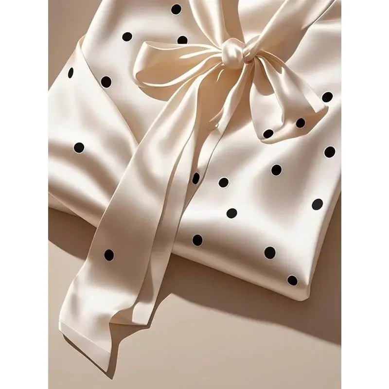 RBB Women's Satin Polka Dot Blouse – Elegant Lace-Up Bow Long Sleeve Top