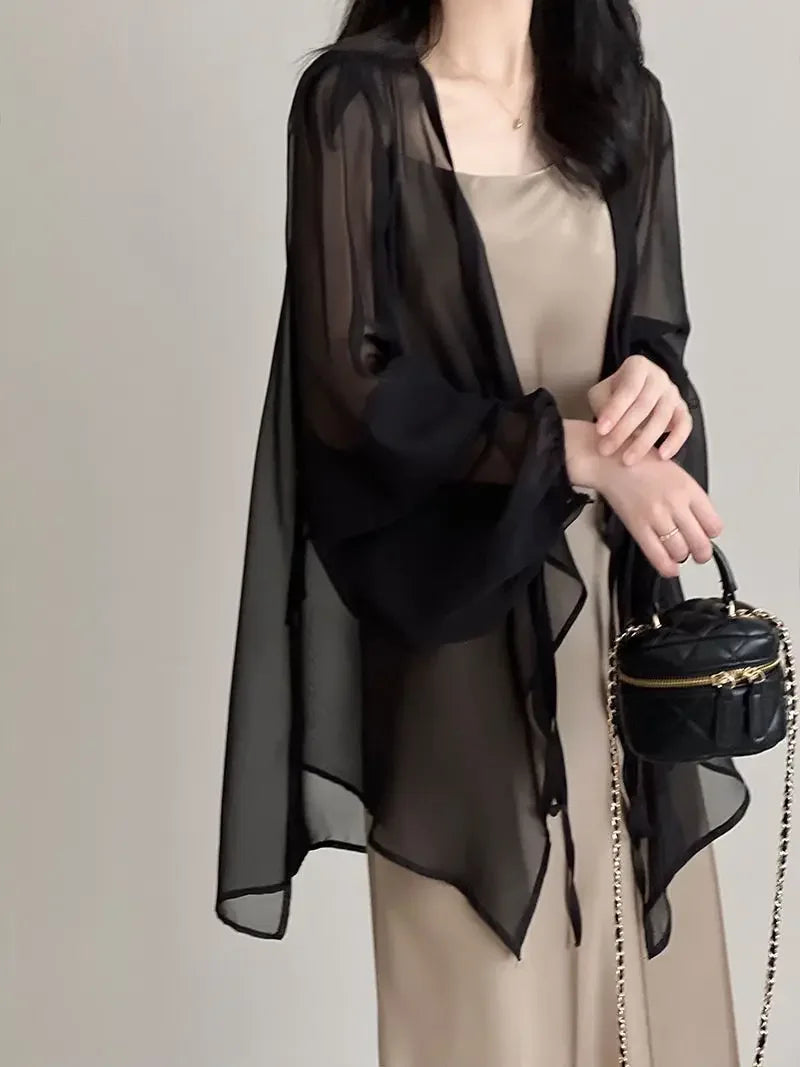 RBB Women's V-Neck Chiffon Shirt – Loose Fit Lace-Up Long Sleeve Summer Blouse