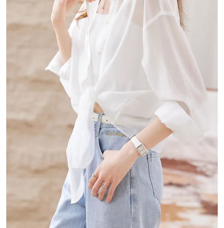 SENTUBILA Sheer Knot Shirts Women 2025 Elegant Casuals Long Drop Sleeve Button Up Shirts & Blouses Female Clothes 132C48674