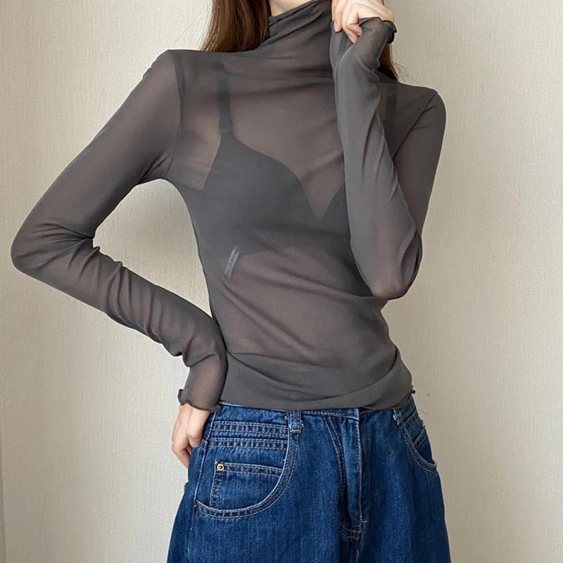 Spring Summer Womens Long Sleeve Sexy Black Mesh Top Blouses Transparent Punk Clubwear Shirt Tees Beach Tops Ladies Bottom Tops