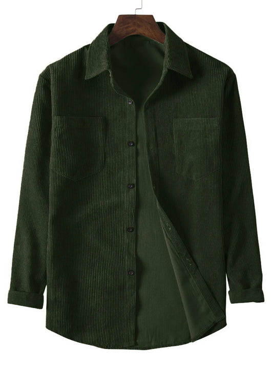RBB Men’s Casual Corduroy Long Sleeve Lapel Shirt – Solid Color