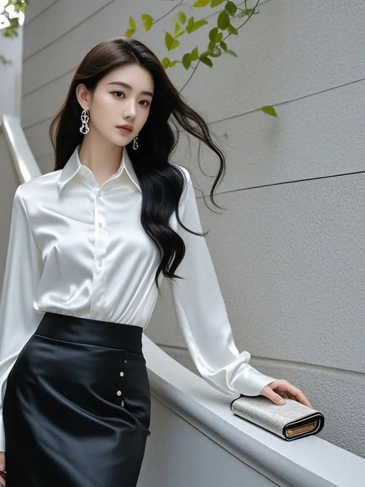 Elegant Silk Office Shirts Women Korean Fashion Y2k Clothes Slim Long Sleeve White Black Blusas Mujer Workwear Tops and Blouses