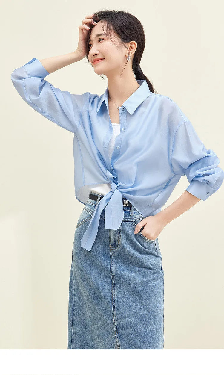 SENTUBILA Sheer Knot Shirts Women 2025 Elegant Casuals Long Drop Sleeve Button Up Shirts & Blouses Female Clothes 132C48674