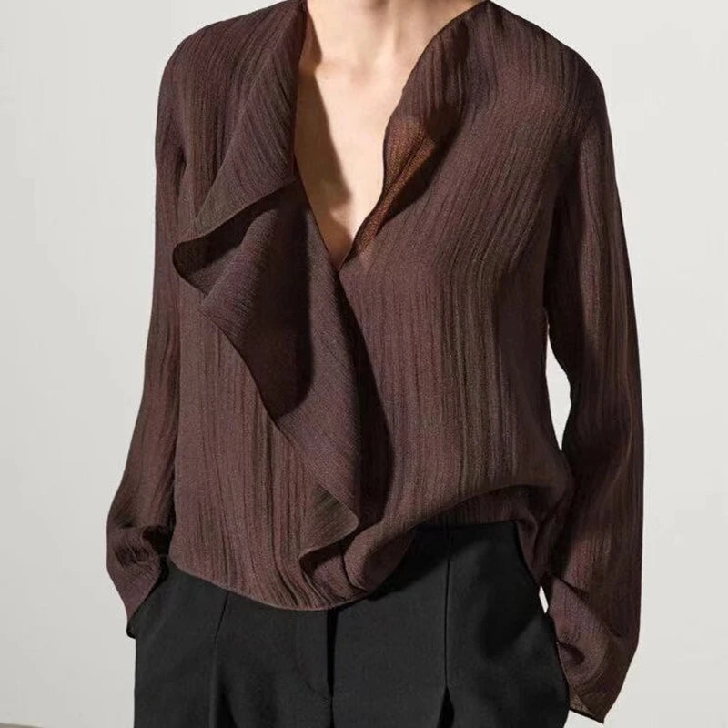 YENKYE Spring 2025 Women Brown Long Sleeve V Neck Ruffle Shirt Office Casual Blouse Blusas Mujer