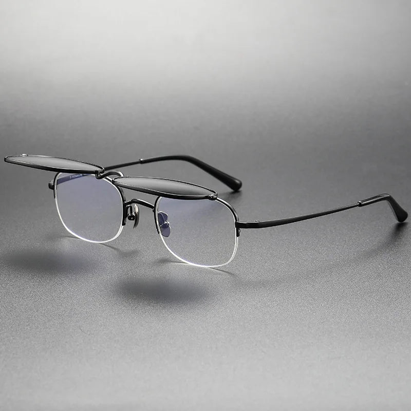 RBB Vintage Titanium Square Glasses Frame with Flip-Up Sunglasses – Semi Rimless Eyewear for Men & Women