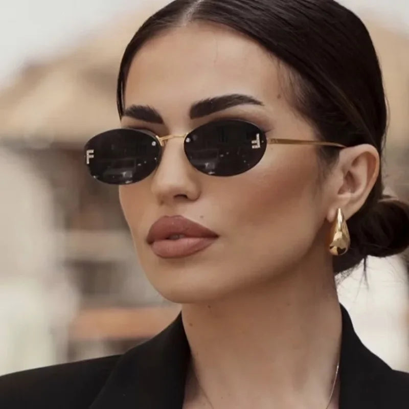 RBB Retro Oval Rimless Sunglasses – Unisex Elegant Diamond Style with Letter “F” Detailing