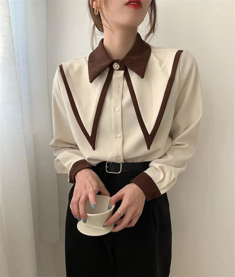 MEXZT Vintage Chiffon Shirts Women Elegant Patchwork Long Sleeve Blouses Office Lady Korean Black Turn Down Collar Casual Tops
