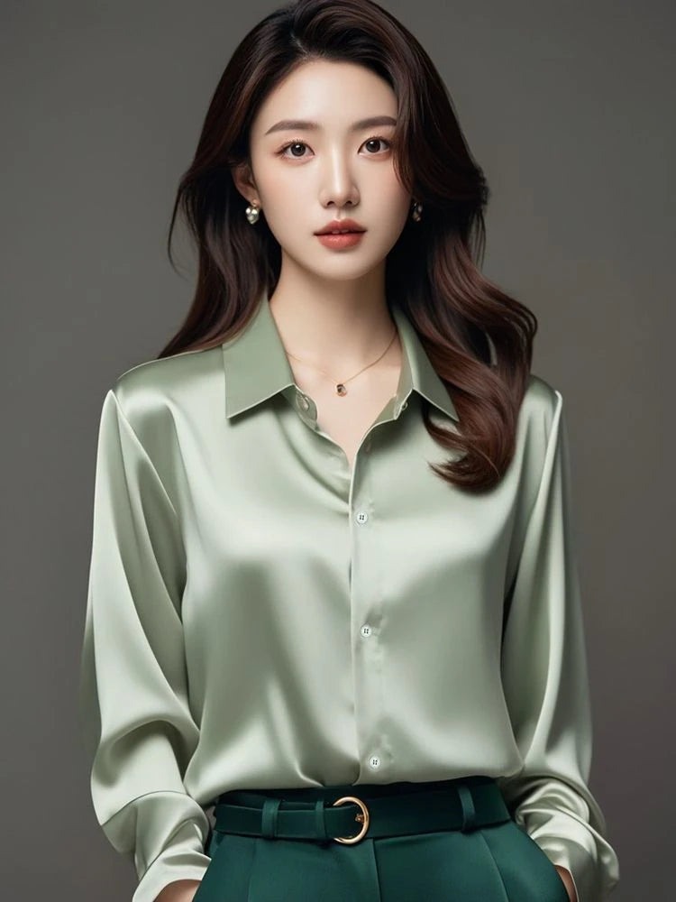 Elegant Silk Office Shirts Women Korean Fashion Y2k Clothes Slim Long Sleeve White Black Blusas Mujer Workwear Tops and Blouses