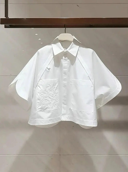 2025 Summer Short Blouses Half Sleeve Embroidered Short  Sleeve Top  Flip Collar Loose Bat Sleeve White Shirt For Women