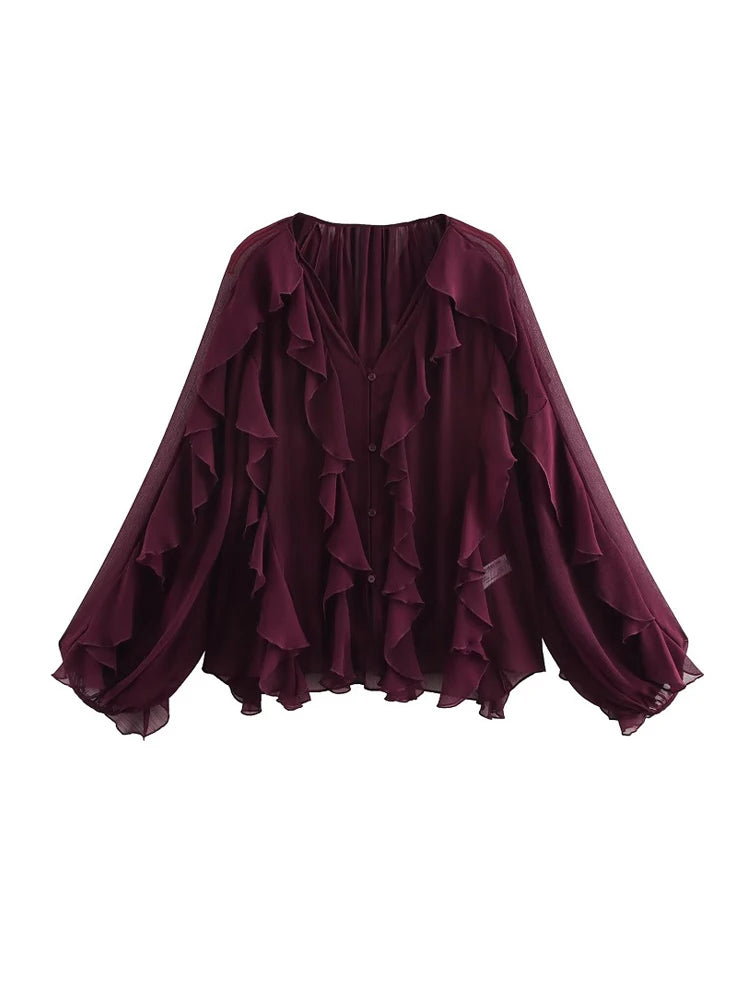MUJER 2025 Ruffle Blouses for Women Semi Sheer Shirts and Blouses Woman Summer Casual Blouses Woman Fashion Tops Womens Blouses
