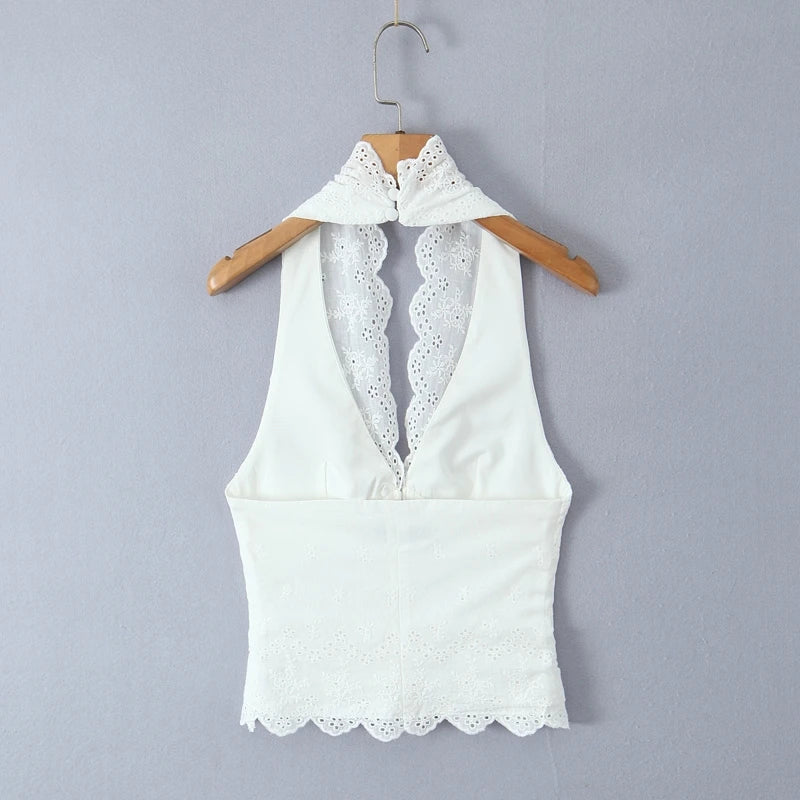 XNWMNZ 2024 Winter New Woman Elegant Halter Collar Waistcoat Vest Trendy Autumn Lady Sleeveless Gilet Hollow Out Regular Fit Top