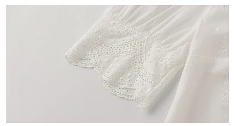 Summer Embroidery Puff Sleeve Linen Cotton Women Blouse Spring Casual White Hollow Out Tops Short Sleeve Shirt