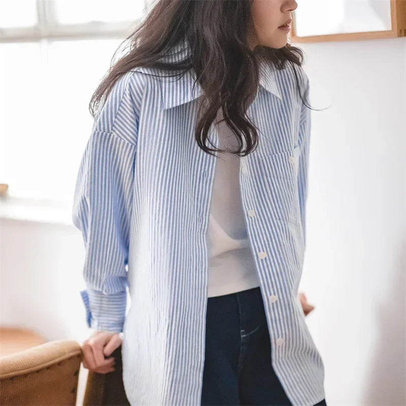 RBB Women's French Classic Striped Shirt – Oversized Long Sleeve Blouse