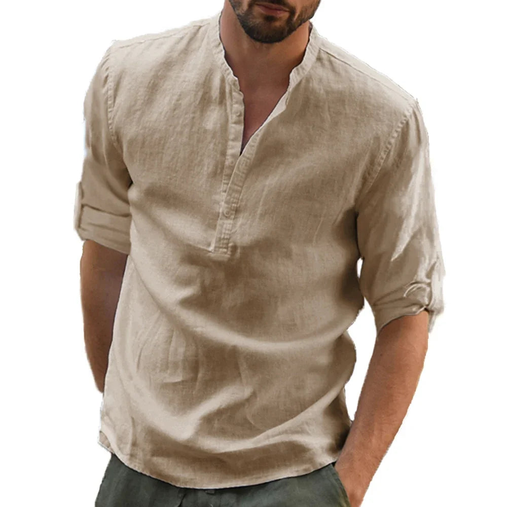RBB Men’s Cotton Linen Long Sleeve Shirt – Summer Solid Color, Stand-Up Collar