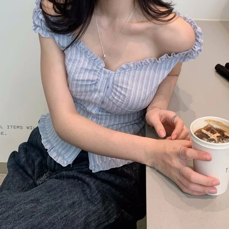 RBB Women's  Striped Lace Trim Shirt – Slim Fit Cotton Long Sleeve Blouse