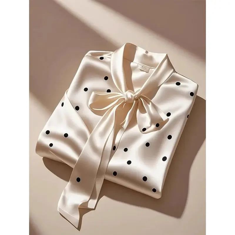 RBB Women's Satin Polka Dot Blouse – Elegant Lace-Up Bow Long Sleeve Top