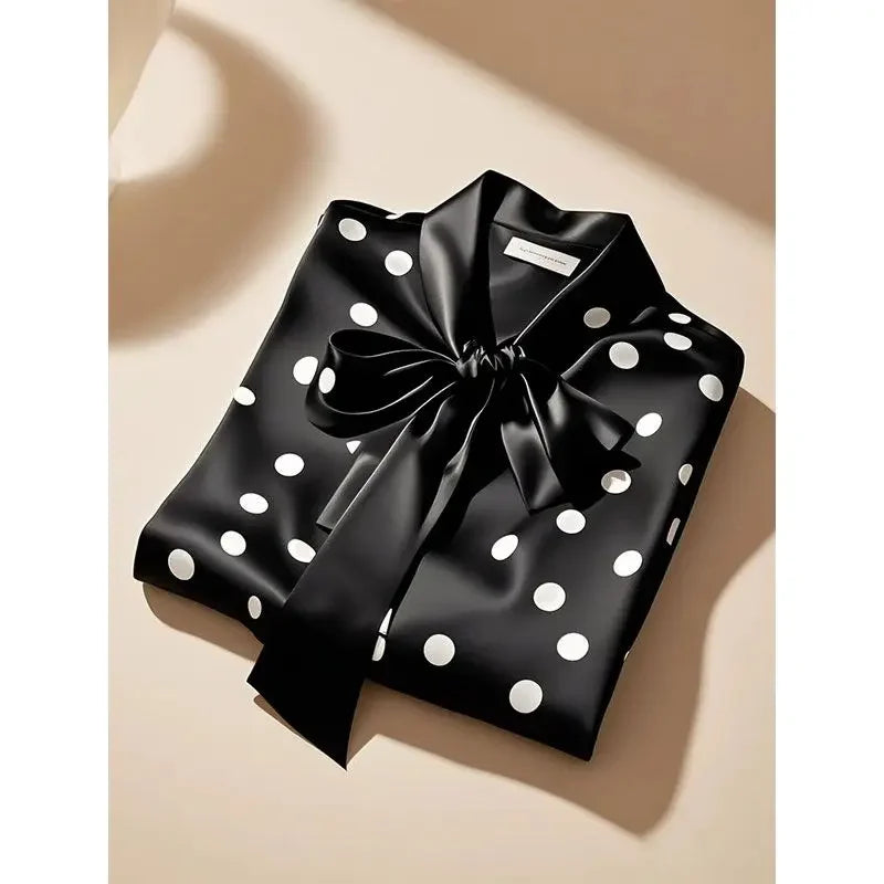RBB Women's Satin Polka Dot Blouse – Elegant Lace-Up Bow Long Sleeve Top