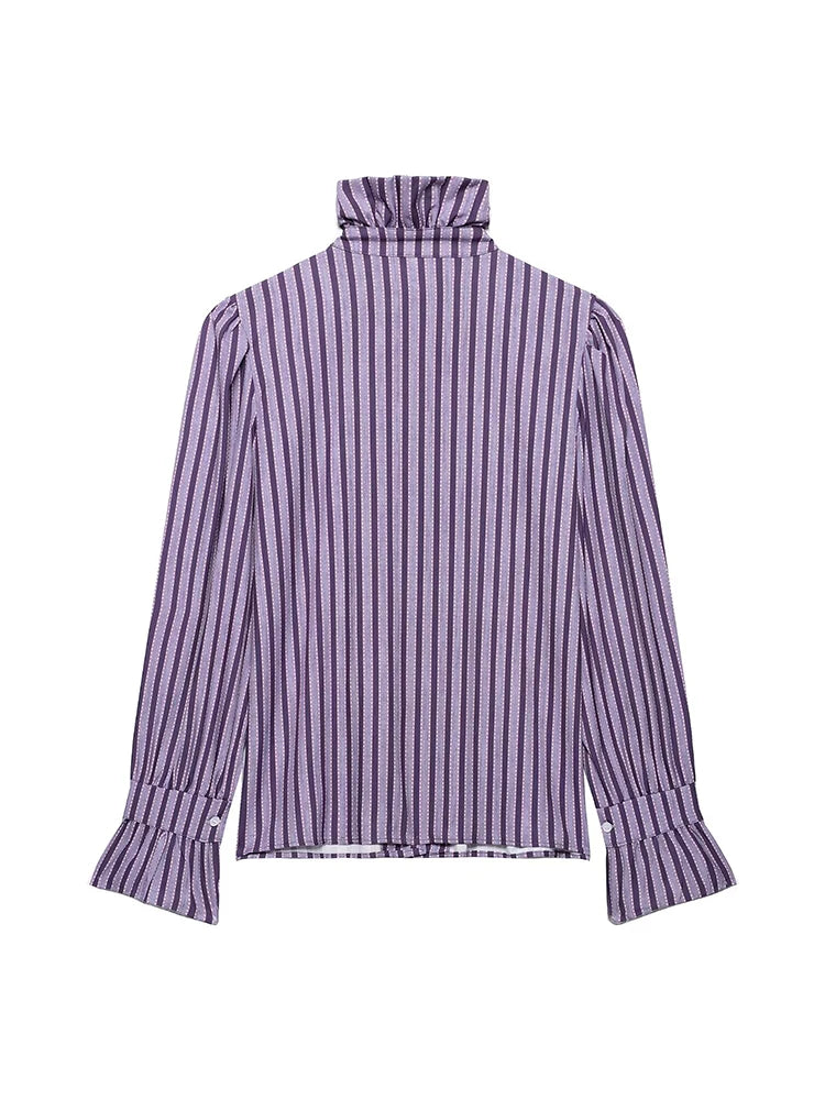 Ruffles Women Sweet Shirts 2025 Fashion Ladies Casual Purple Striped Blouses for Party Female Chic Tops Girls Cute Clothes