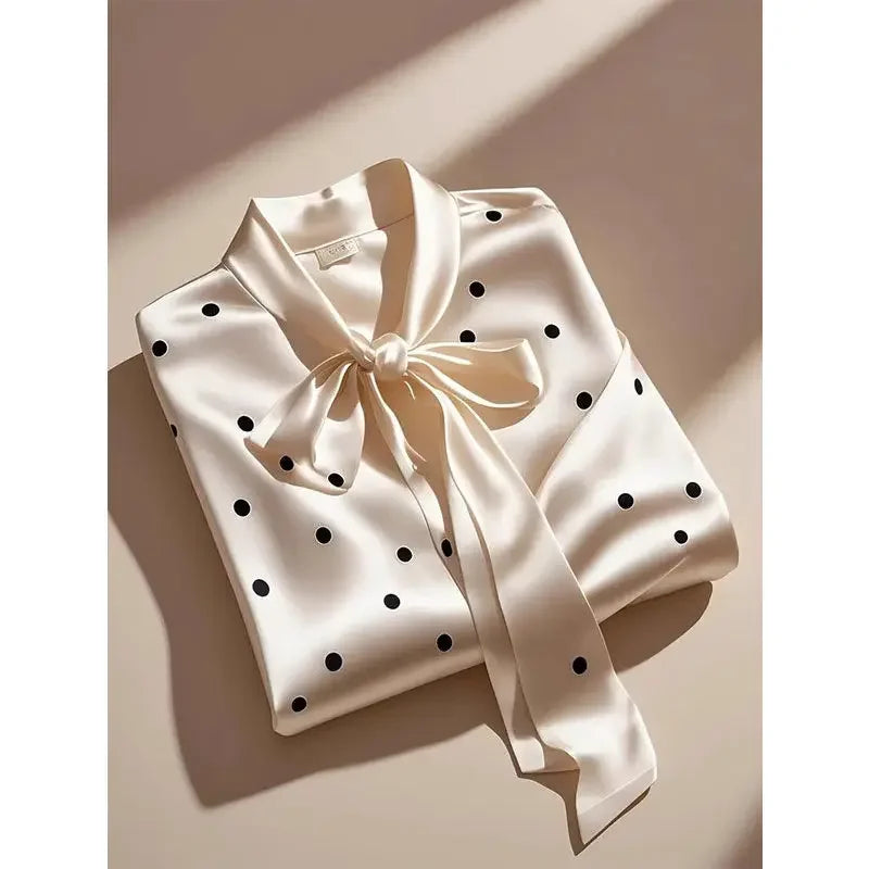 RBB Women's Satin Polka Dot Blouse – Elegant Lace-Up Bow Long Sleeve Top