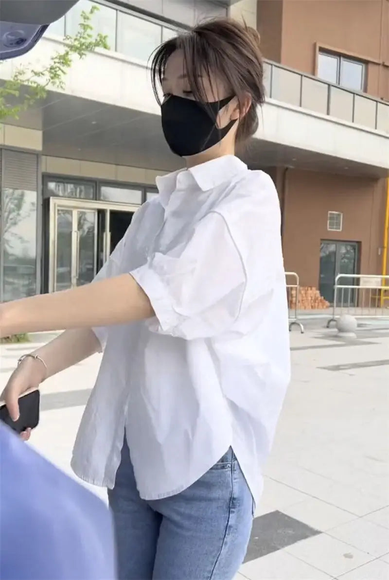 Cotton Mid-sleeve Thin Woman Blous Shir 2025 Summer New Loose Fashion Irregular Shirt Casual Vacation Top Korean Women's Clothes