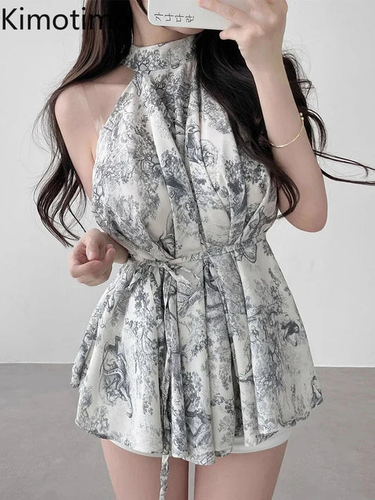Kimotimo Summer Vintage Stand Collar Print Ladies Tops Korean Chic Lace Up Waist Halter Chiffon Blouses Elegant Fashion Shirts