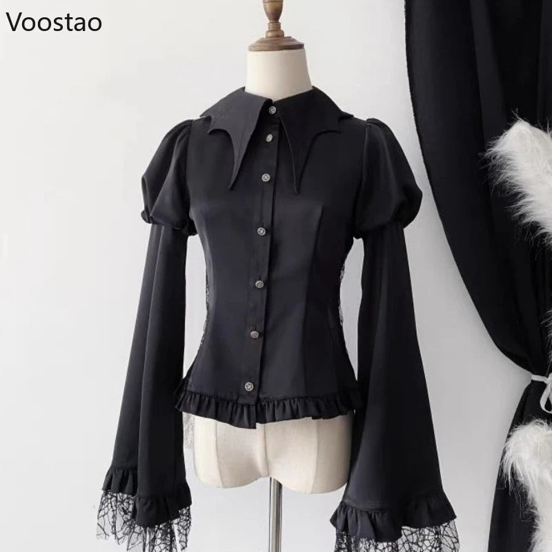 Victorian Vintage Lolita Style Shirt Women Casual Gothic Mesh Lantern Sleeve Slim Blouse Female Y2k Aesthetic Kawaii Tops Blusas