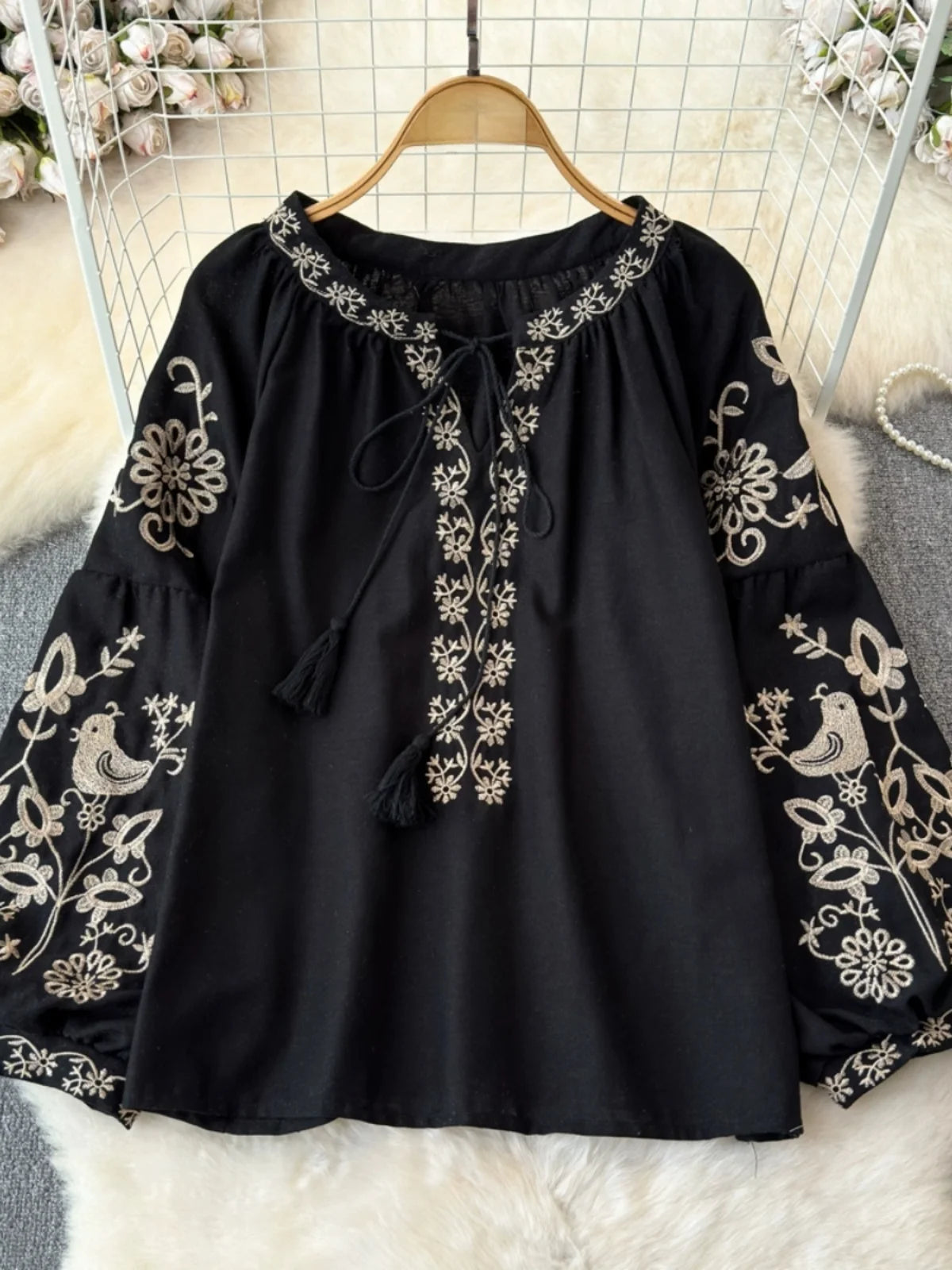 RBB Women's Retro Ethnic Embroidered Shirt –  Style Loose Long Sleeve Blouse