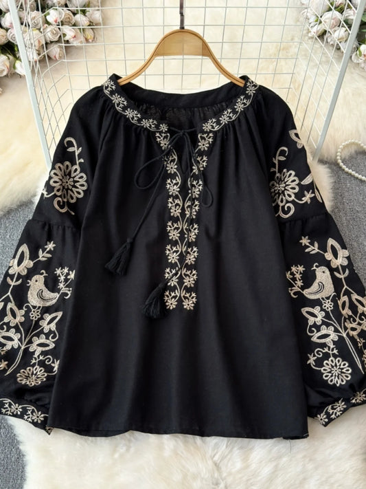 RBB Women's Retro Ethnic Embroidered Shirt –  Style Loose Long Sleeve Blouse