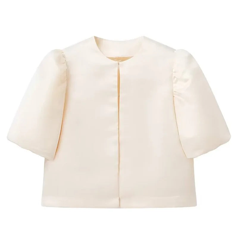 Spring Summer New Women's Fashion Casual Shirt Satin Bubble Sleeves Round Neck Loose Short Top Female Elegant Solid Blouses