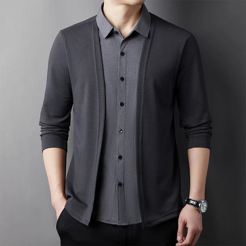 RBB Men’s Casual Long Sleeve Two-Piece Style Shirt – Comfortable Korean Fashion