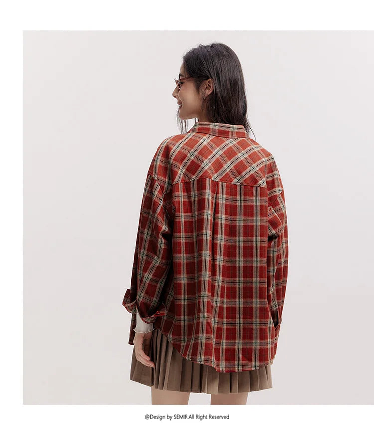 Semir Long Sleeve Shirt Women Mid-long Style Oversize Spring 2025 New Spring Checkered Top Vintage