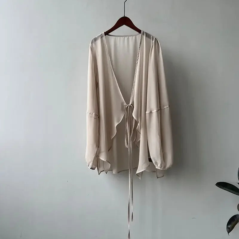 RBB Women's V-Neck Chiffon Shirt – Loose Fit Lace-Up Long Sleeve Summer Blouse