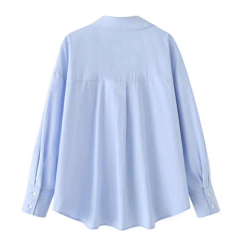 TRAF 2025 Women's Shirt Long Blue Shirt Women Spring Long Sleeve Oversize Shirts Blouses Korean Style Casual Button Up Shirts