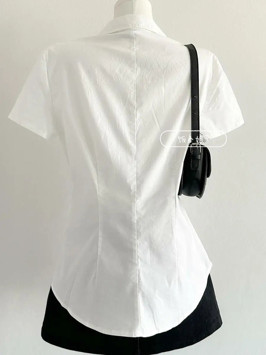 Preppy Style Fashion Turn Sown Collar V Neck Short Sleeve Blouse All Match Harajuku Simple Slim Fit Clothes Y2k Buttoms Tops