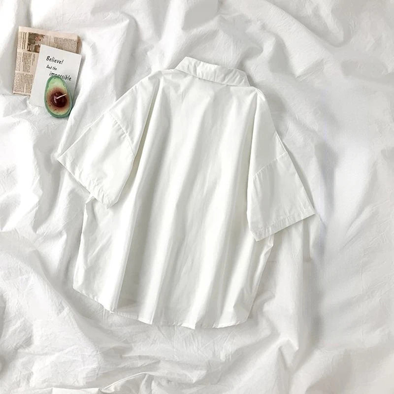 DAYIFUN 2025 White Shirt Women Blusas Short Sleeve Lapel Blouse with Tie Japanese Fashion Student Summer Daily College Style Top
