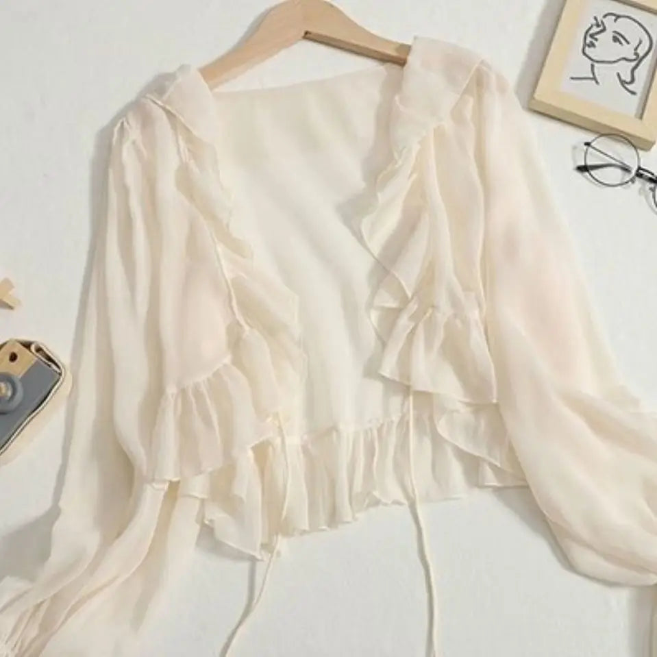 Blouses Women Lace-up Summer New Design Thin Trendy Long Sleeve Leisure Sweet Girls All-match Korean Style Tender Streetwear Ins