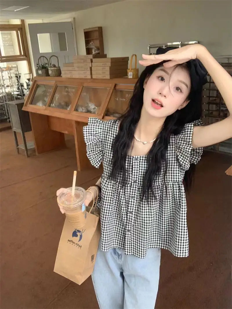 Women's Korean Style Cotton Summer Shirt - Breathable Square Neck Checkered Cute Loose Top with Small Flutter Sleeve