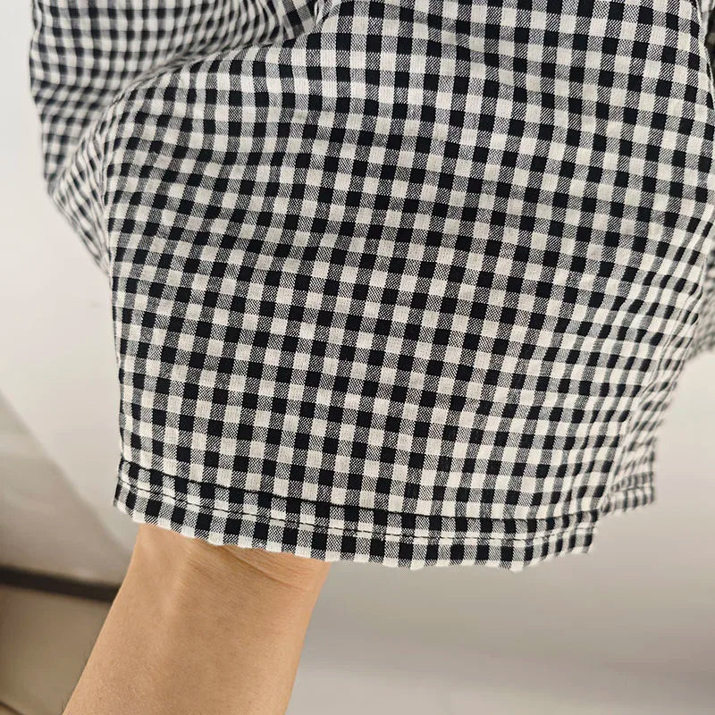 Women's Korean Style Cotton Summer Shirt - Breathable Square Neck Checkered Cute Loose Top with Small Flutter Sleeve