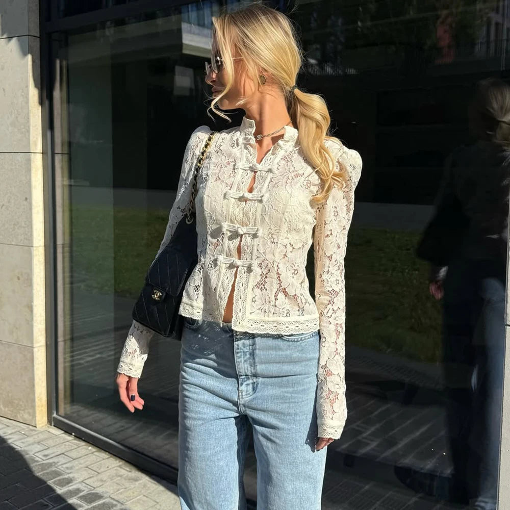 Tuularose Luxury Lace Blouse Fashion Lace Print Single Breasted Slim Shirt Vintage Elegant Party Looks Summer Women Blouse Tops