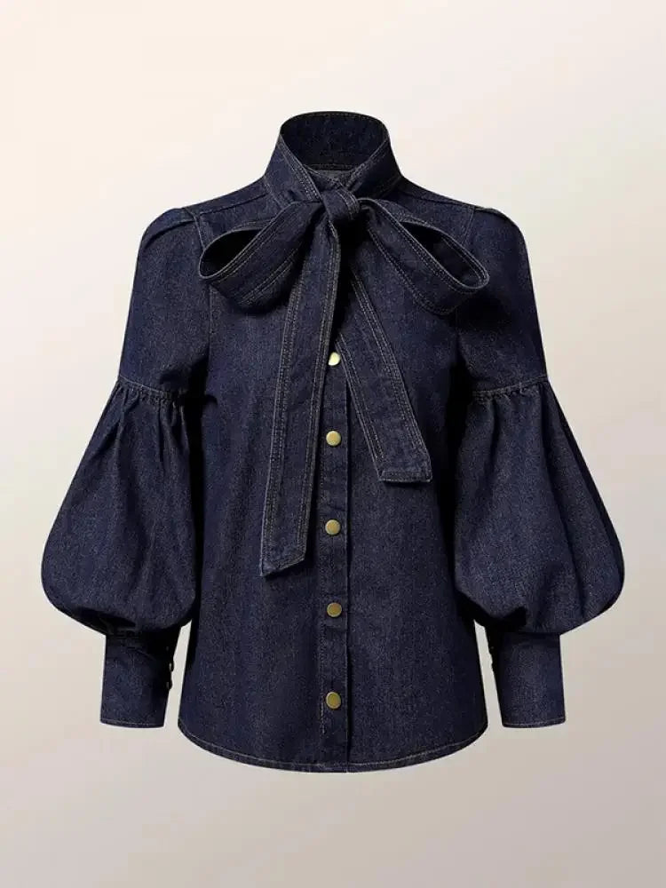 RBB Women's Imitation Denim Blouse – High Neck Puff Sleeve Top with Bow Detail