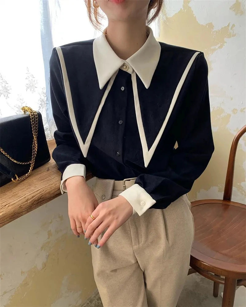 MEXZT Vintage Chiffon Shirts Women Elegant Patchwork Long Sleeve Blouses Office Lady Korean Black Turn Down Collar Casual Tops