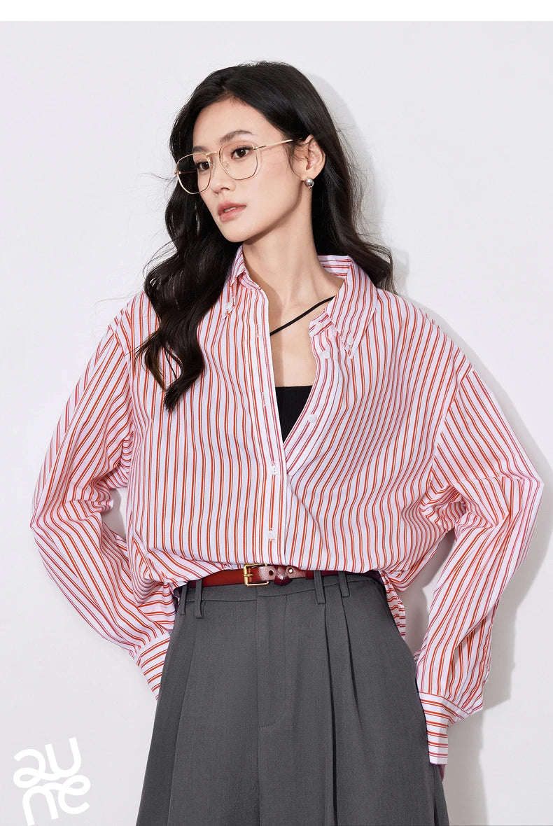 TOYOUTH Women Blouse Shirt 2025 Spring New Lyocell Long Sleeve Striped Cotton Sunscreen OL Shirt Tops