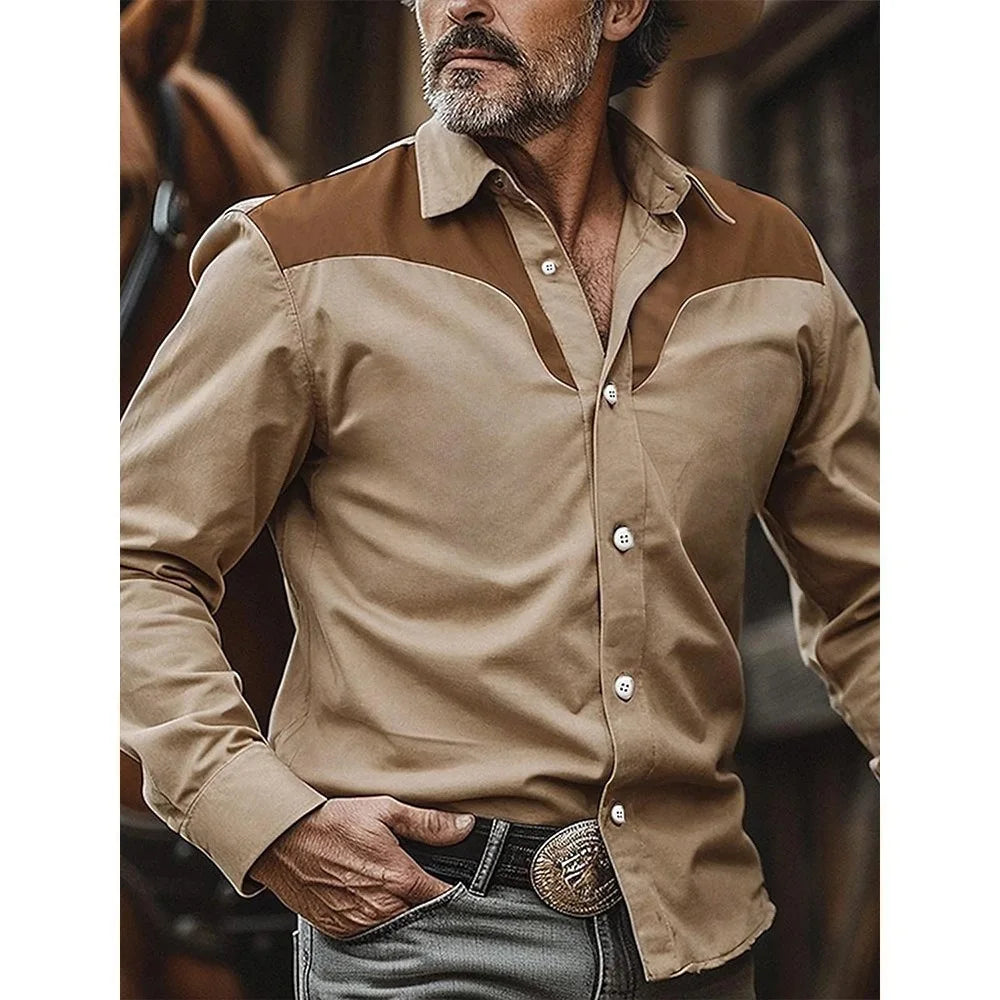 RBB Men’s Yellowstone Western Denim Shirt – Two-Tone Patchwork, Casual Long Sleeve