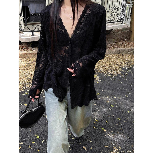 RBB Women's Y2K Lace Sheer Shirt – Sexy Hollow-Out Long Sleeve Streetwear Top