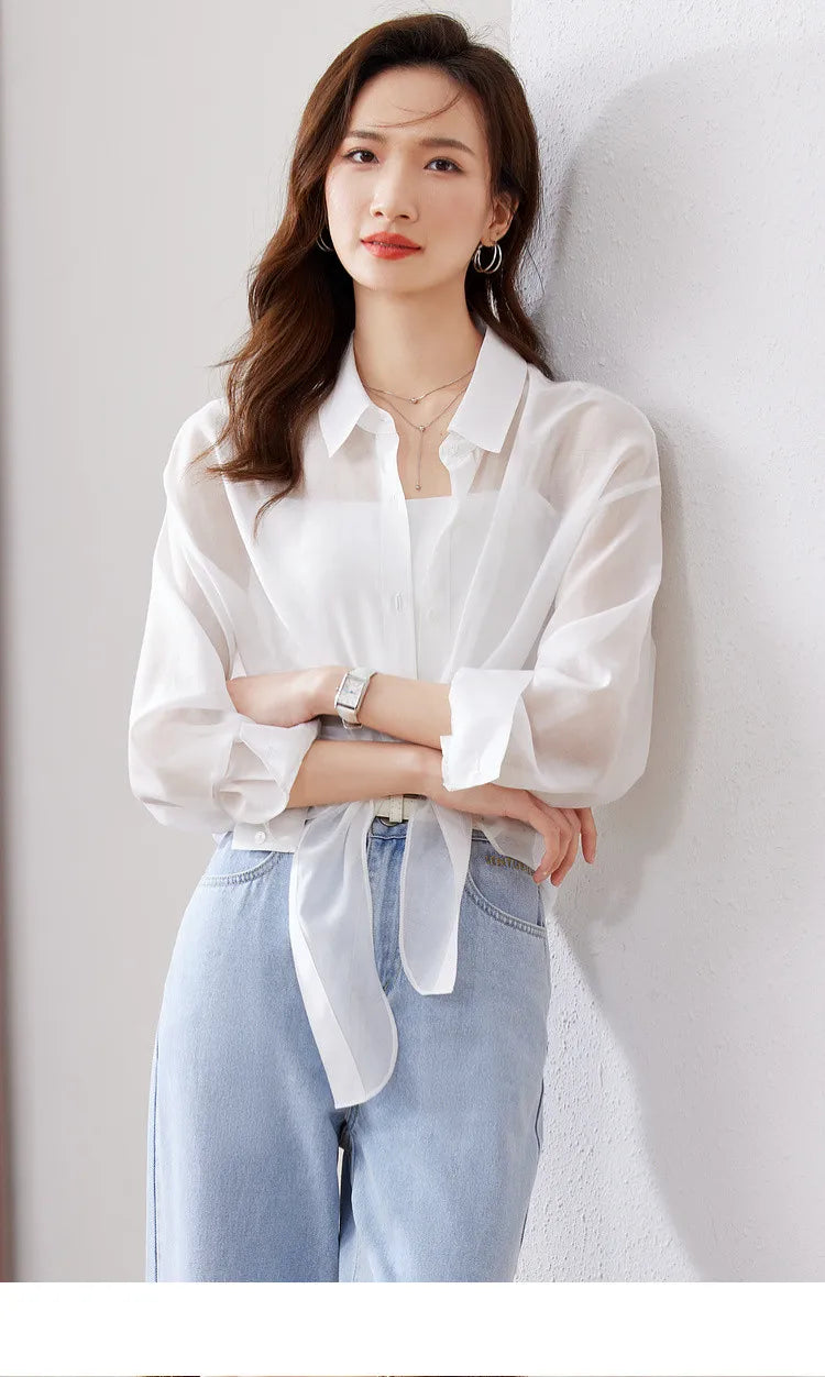 SENTUBILA Sheer Knot Shirts Women 2025 Elegant Casuals Long Drop Sleeve Button Up Shirts & Blouses Female Clothes 132C48674