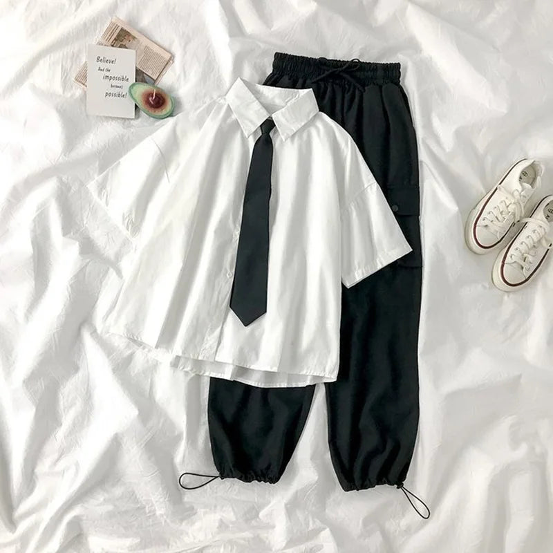 DAYIFUN 2025 White Shirt Women Blusas Short Sleeve Lapel Blouse with Tie Japanese Fashion Student Summer Daily College Style Top