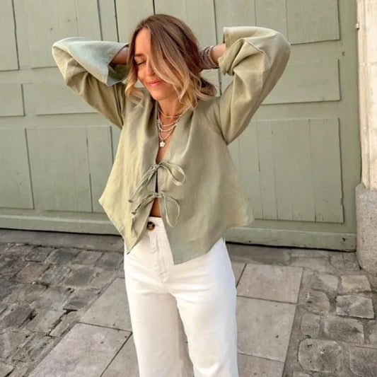ALOBEE Shirt Women Elegant 2024 New Summer Street Female Comfortable Tops Loose Lace Up Leisure Bow Long Flare Sleeve Lady