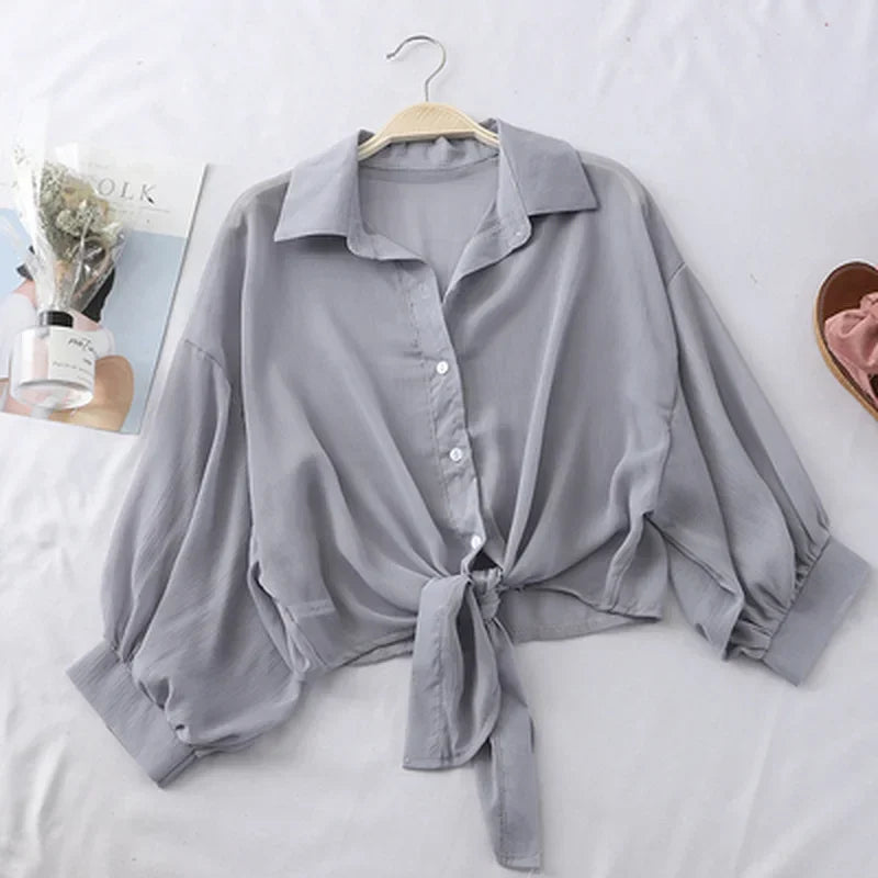 RBB Women's Elegant Hollow Blouse – Tied Waist Chiffon Shirt with Bat Half Sleeves (Summer