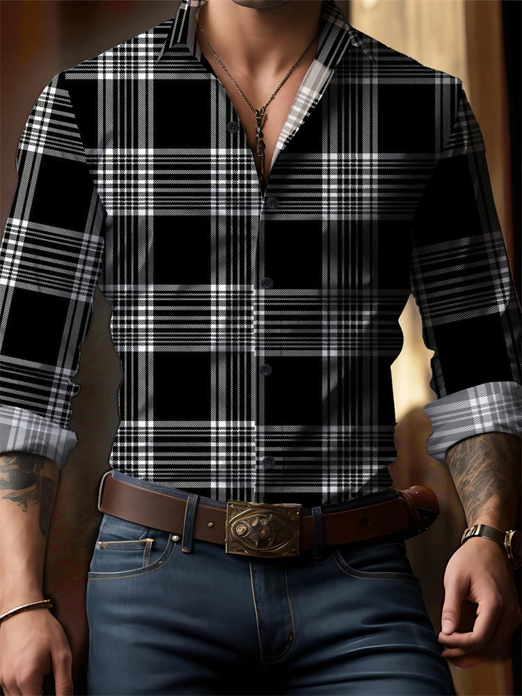 RBB Men’s Check Print Button-Down Shirt – Oversized Streetwear, Long Sleeve