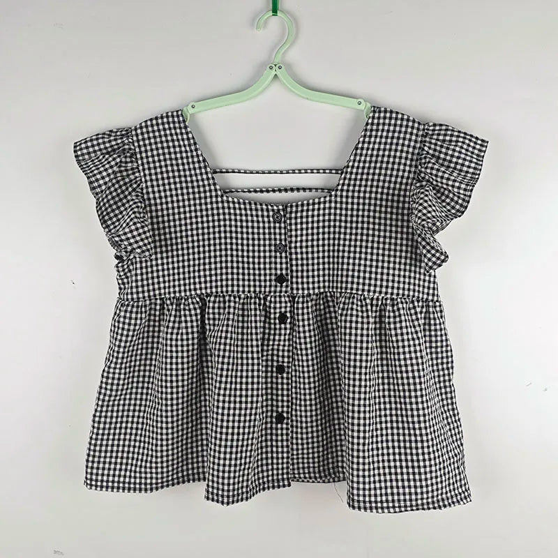 Women's Korean Style Cotton Summer Shirt - Breathable Square Neck Checkered Cute Loose Top with Small Flutter Sleeve